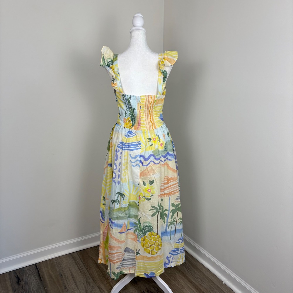 Prosperina Nicola Multi Print Midi Dress Women M Ruffle Coastal Summer NWT - Picture 5 of 13